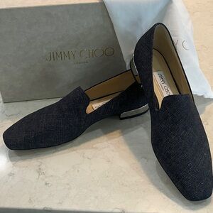 Jimmy Choo‎ Jaida Denim Leather Flats W/ Metallic Silver Heels Sz 40.5 - NIB